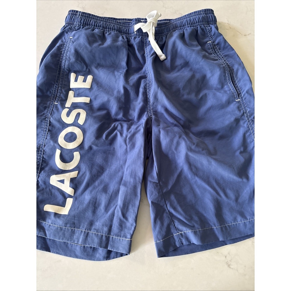 Men's Lacoste Swim Trunks Board Shorts Blue Drawstring Small Spell Out Logo